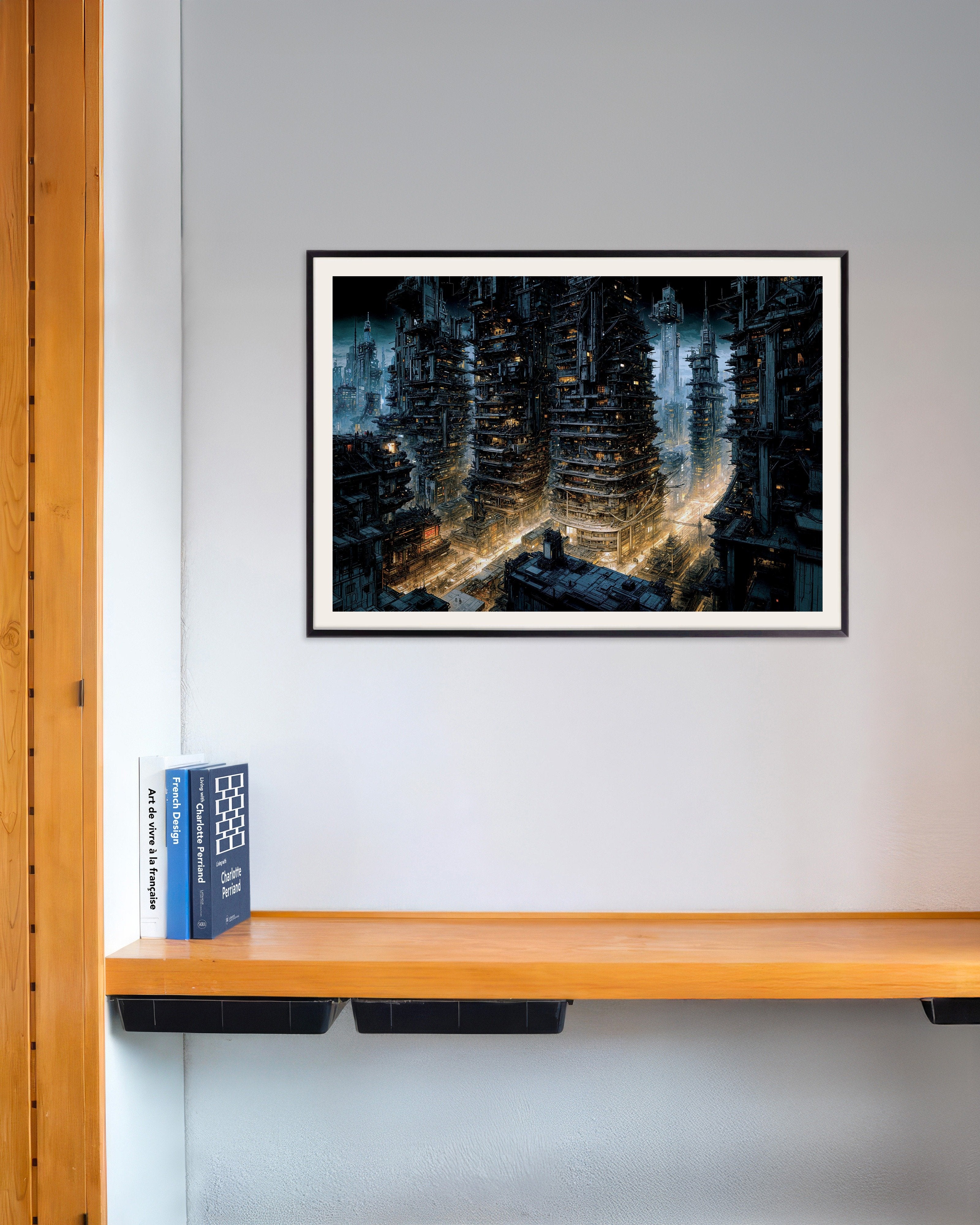 Poster of Cybernetic city at night, science-fiction - Poster, with metal frame
