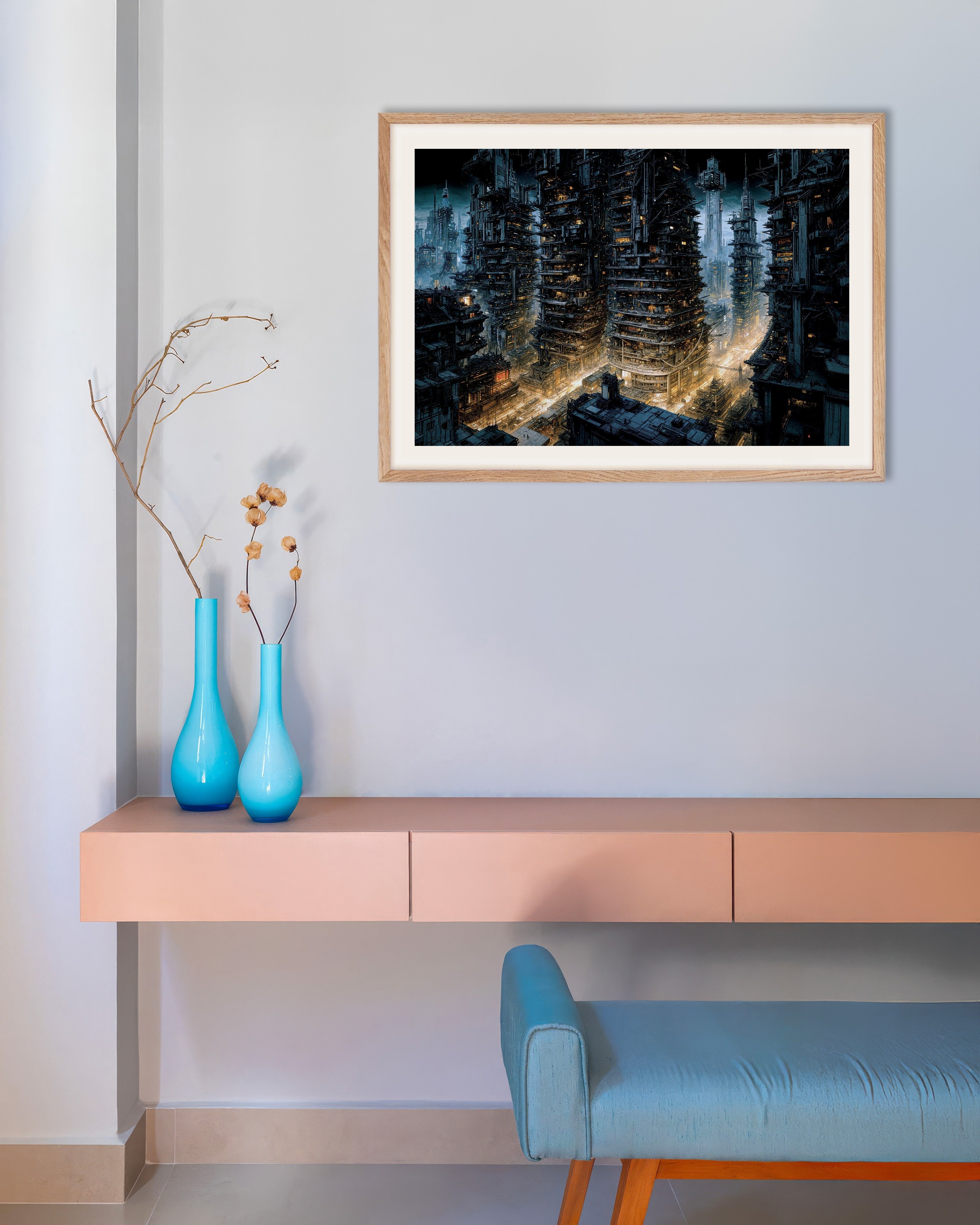 Poster of Cybernetic city at night, science-fiction - Poster, with natural wooden frame