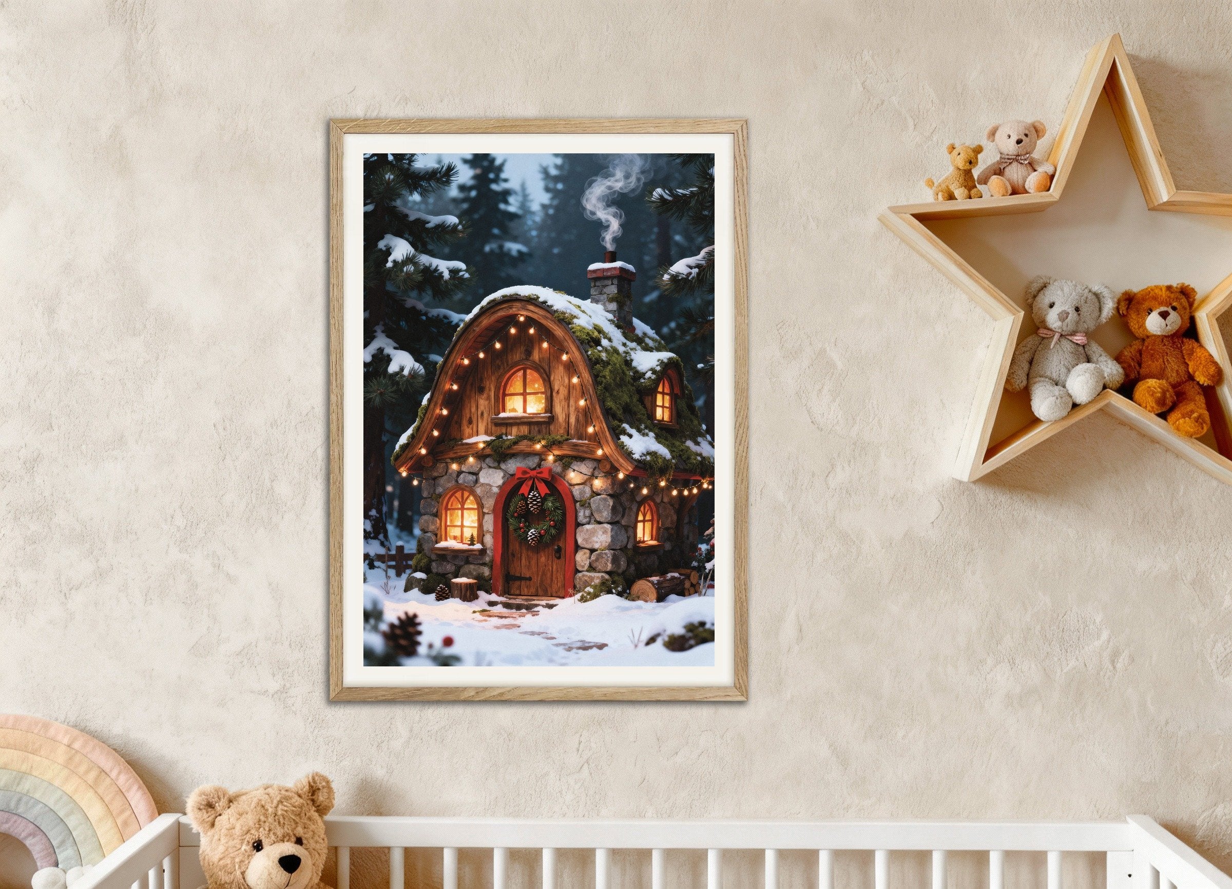 Poster of Elf cottage in the snowy forest poster, with natural wooden frame