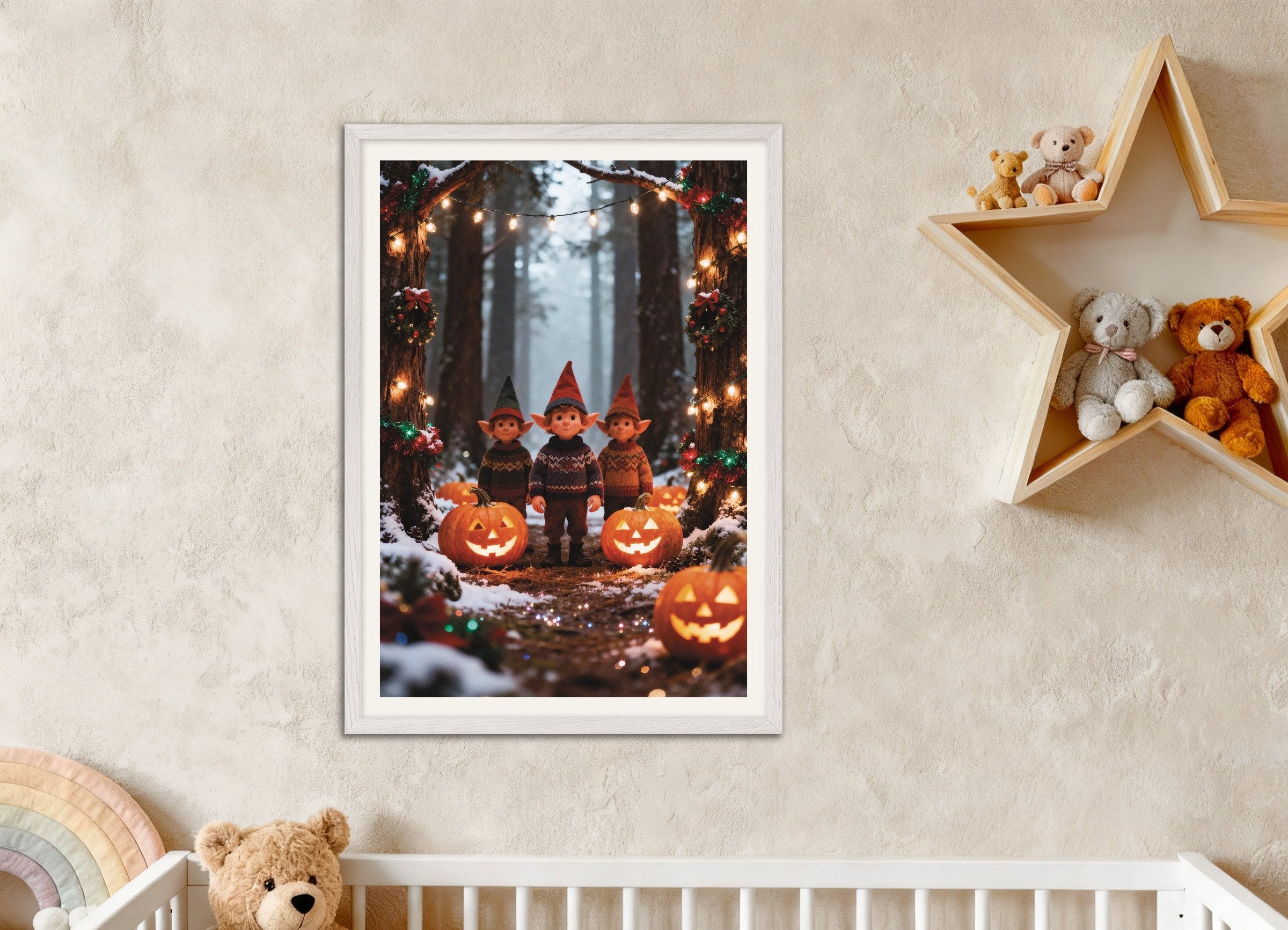 Poster of Elves and pumpkins in the snowy forest poster, with white wooden frame