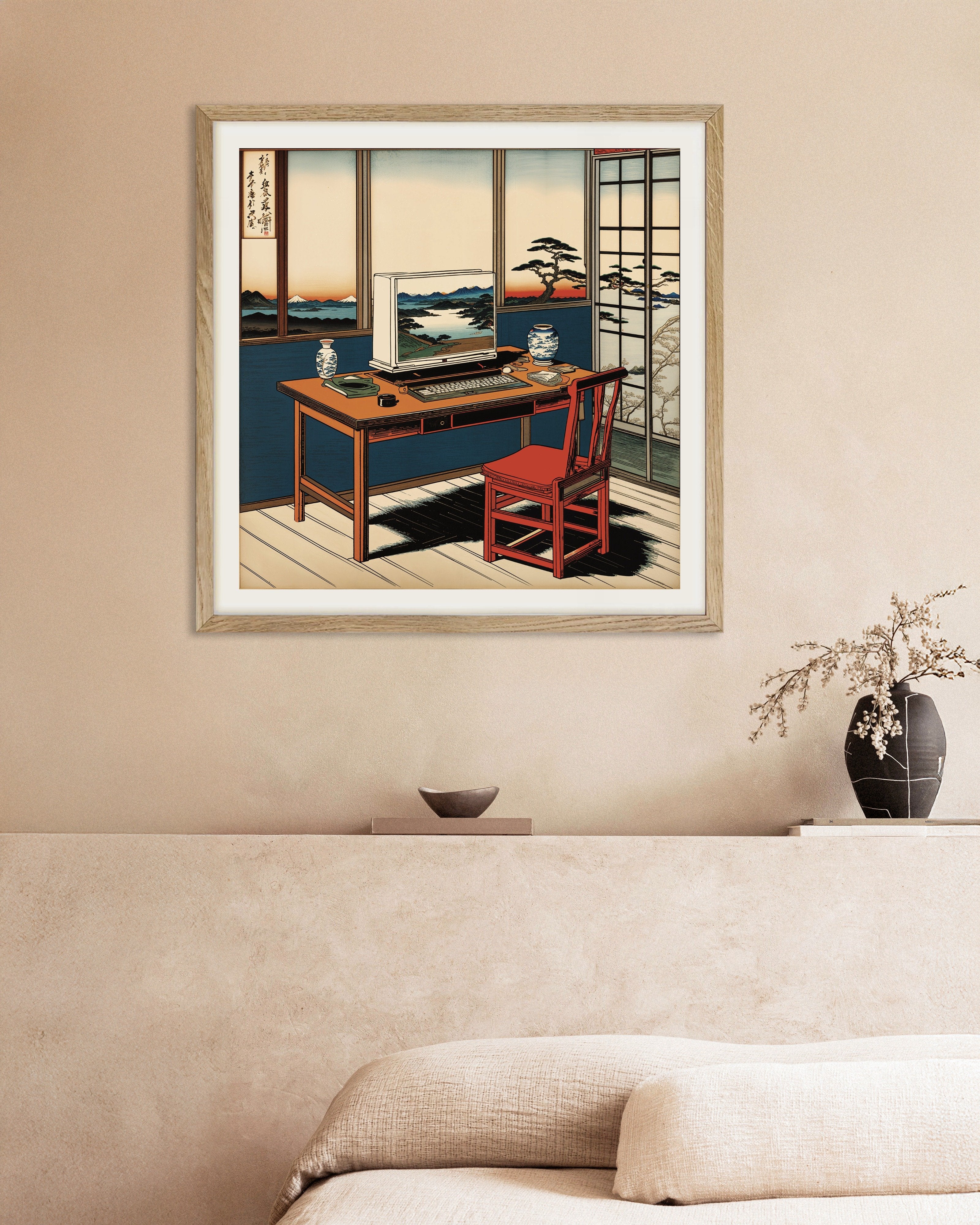 Poster of Hiroshige hypertech, computer at home- Poster, with natural wooden frame