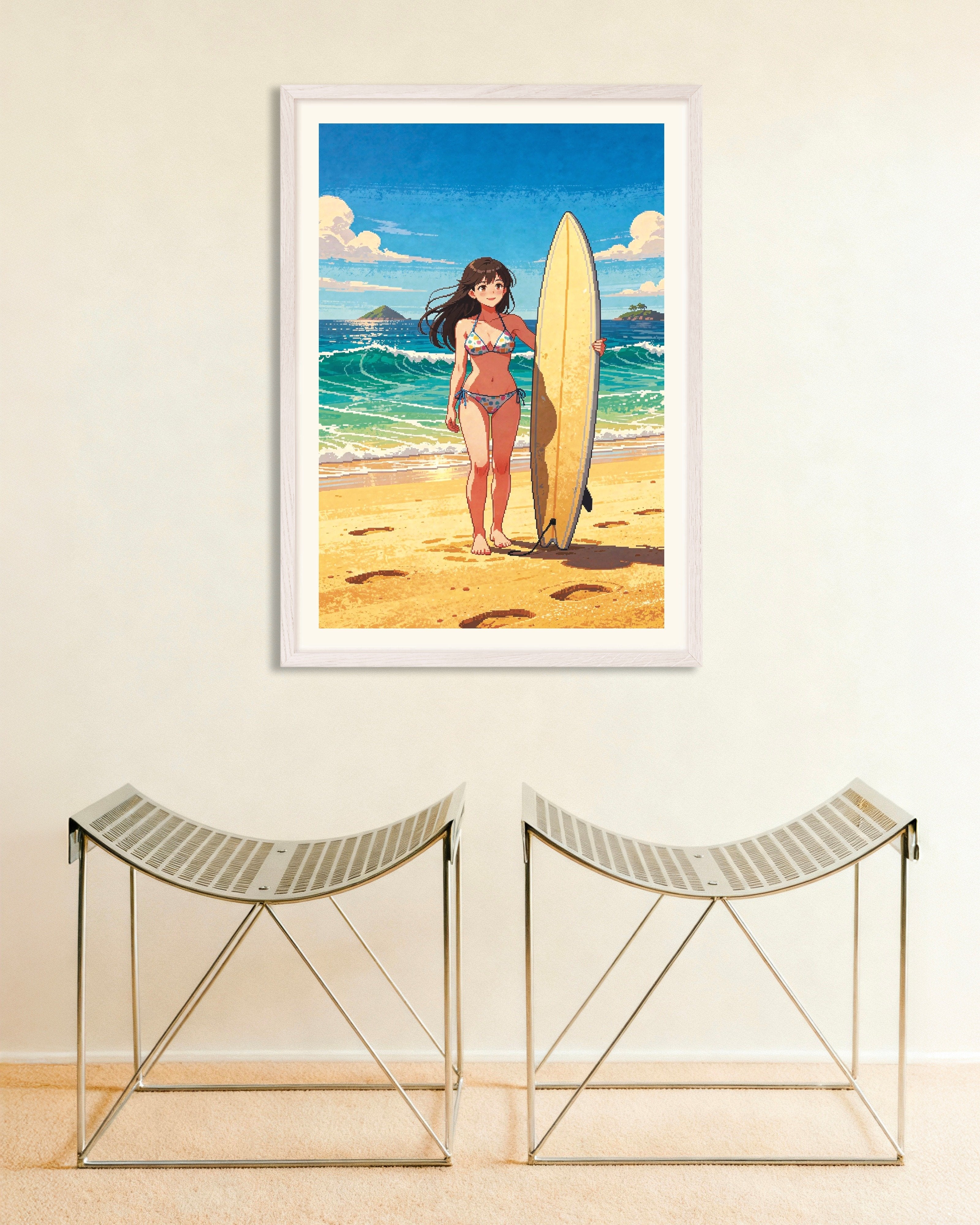 Poster of Japanese Surfer Pixel Art Poster, with white wooden frame