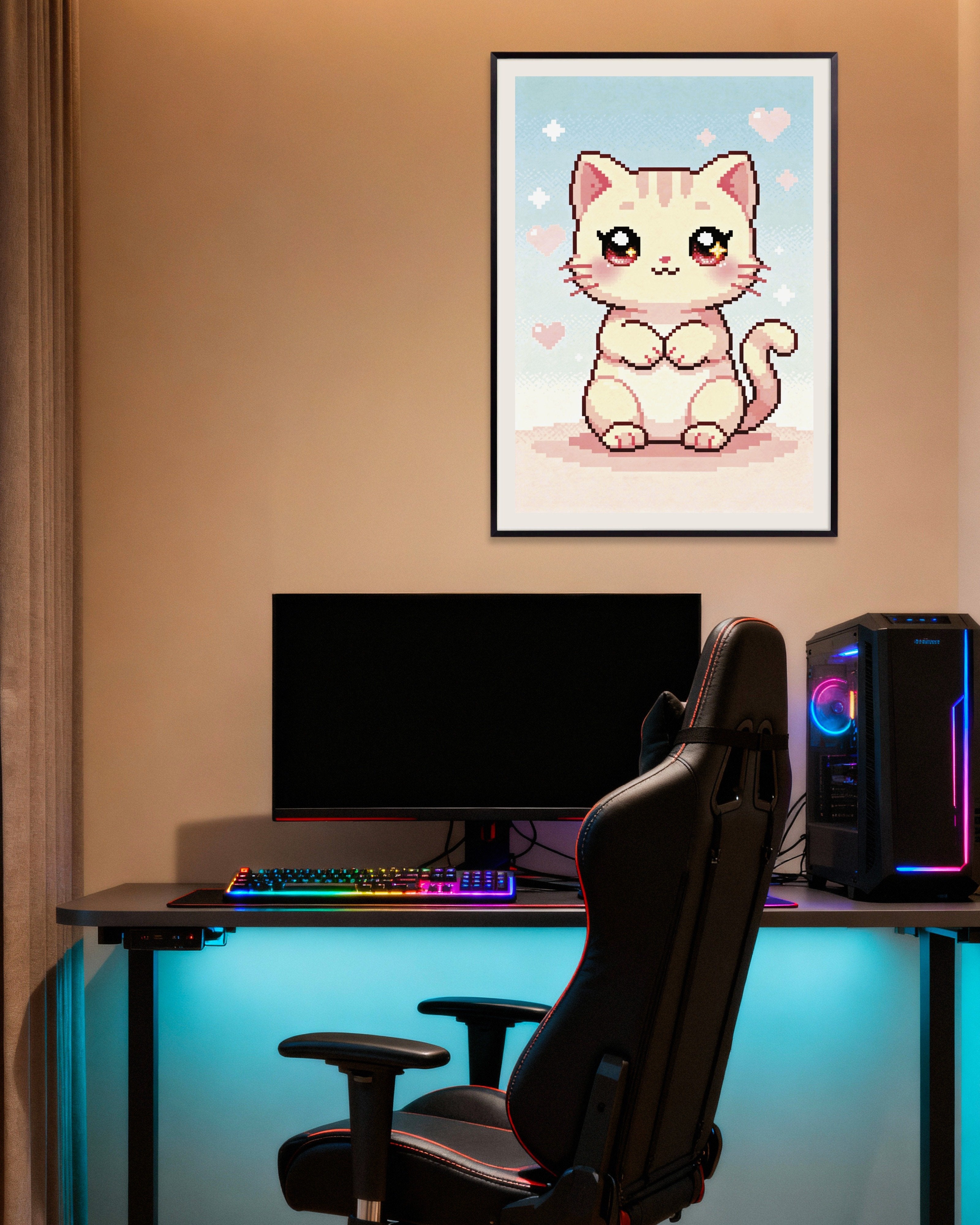 Poster of Kawaii Pixel Cat, with metal frame