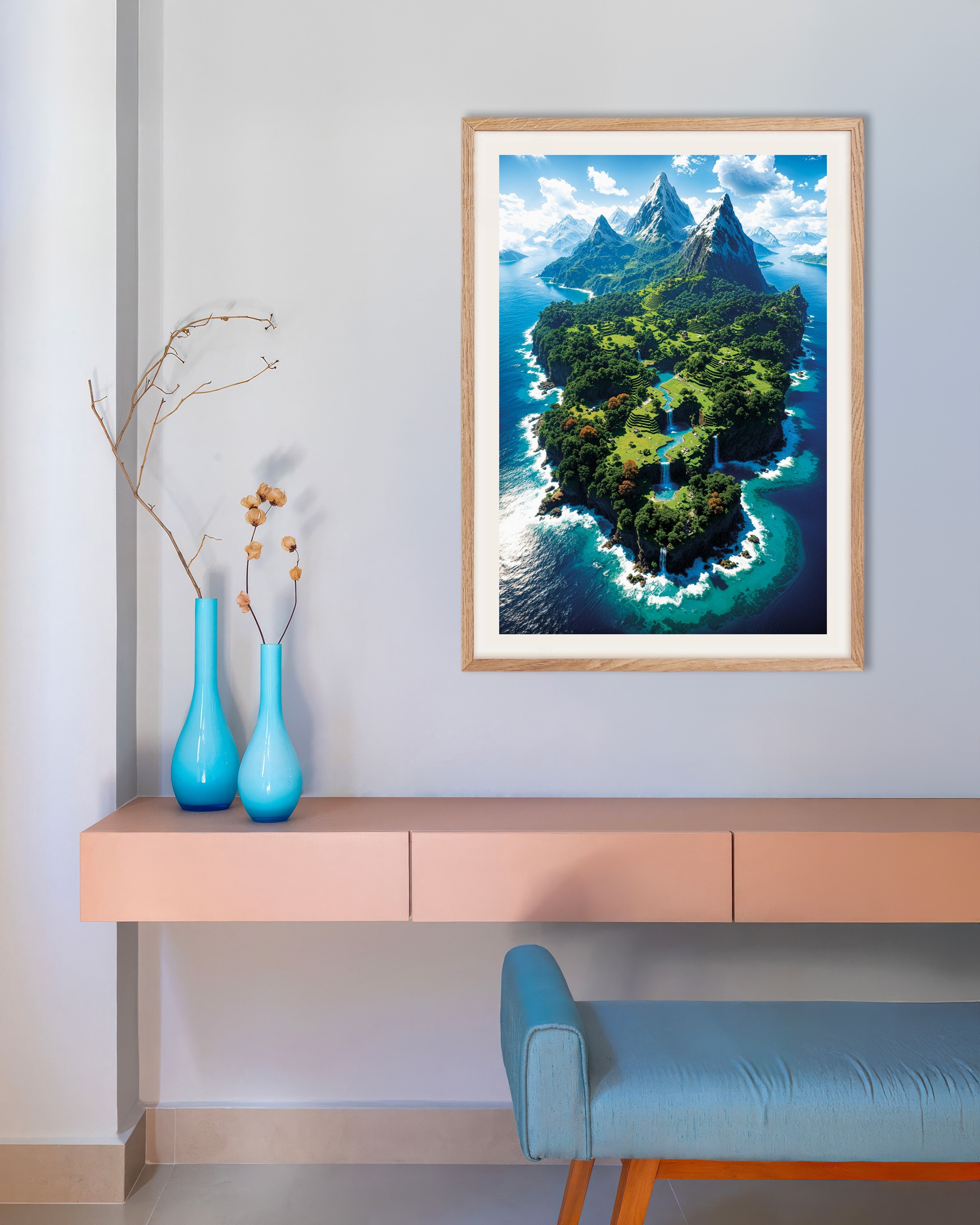 Poster of Minecraft, beautiful island from above - Poster, with natural wooden frame