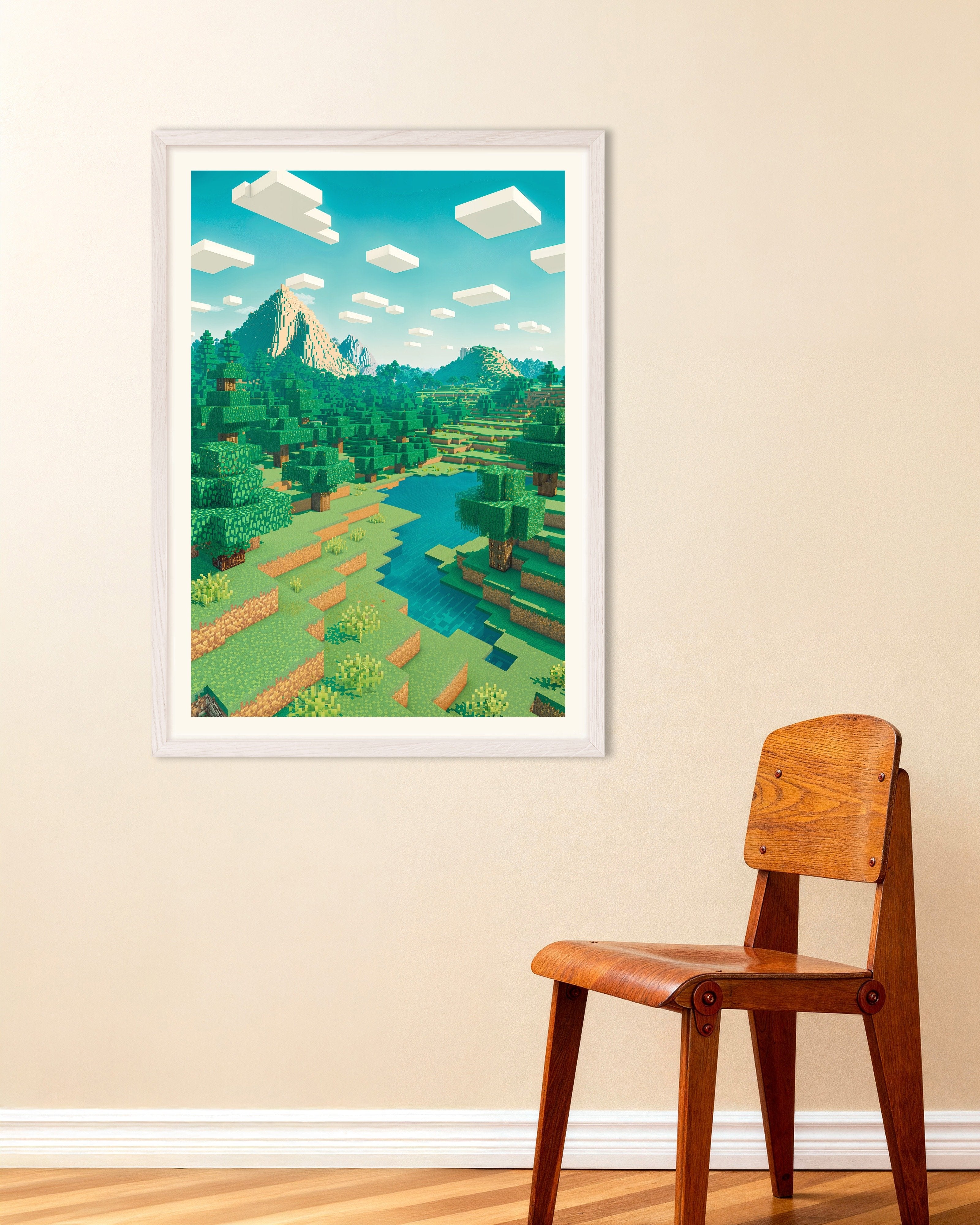 Poster of Minecraft Mountain Landscape – pixel art fan poster, with white wooden frame