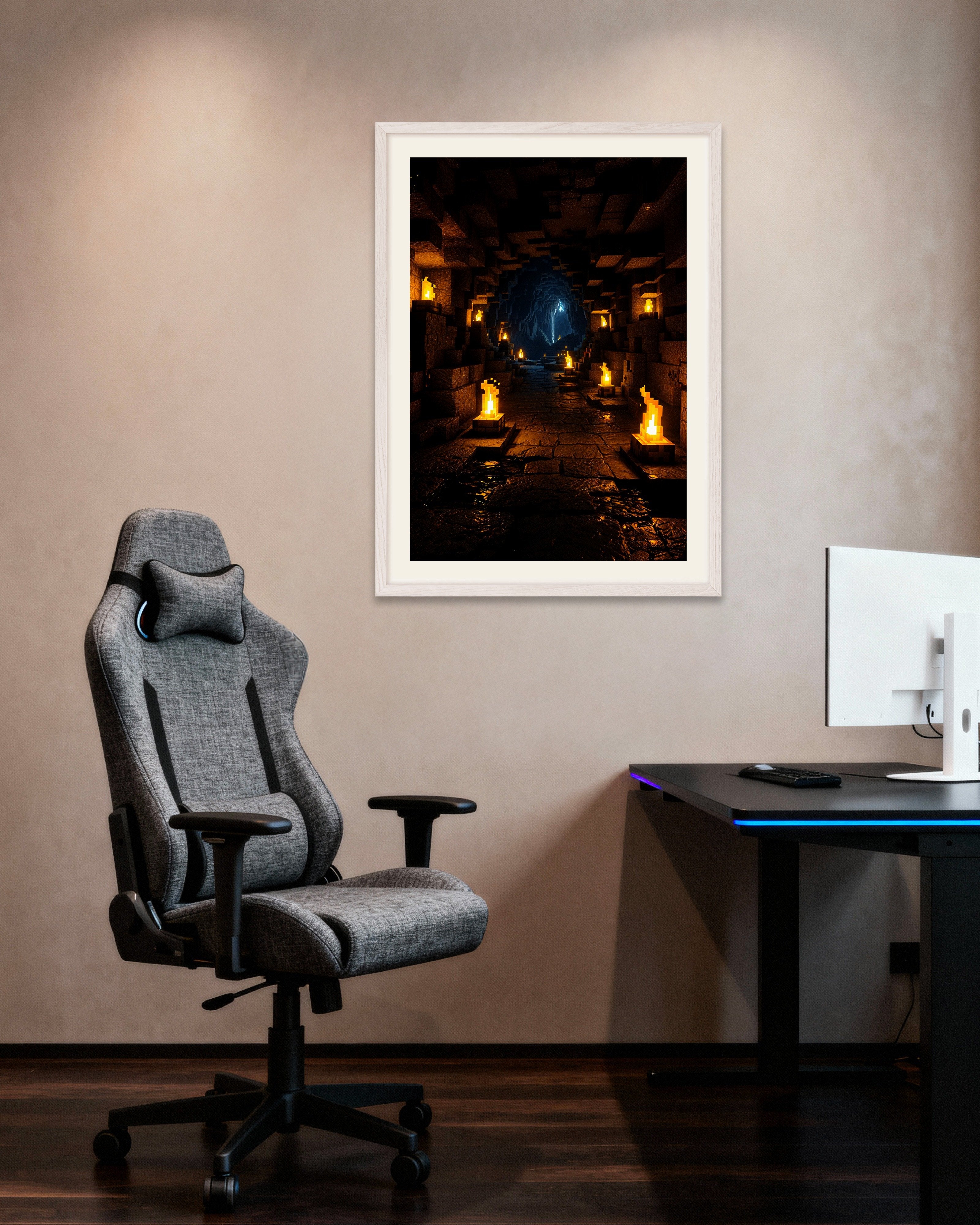 Poster of Minecraft, mysterious cave - Poster, with white wooden frame