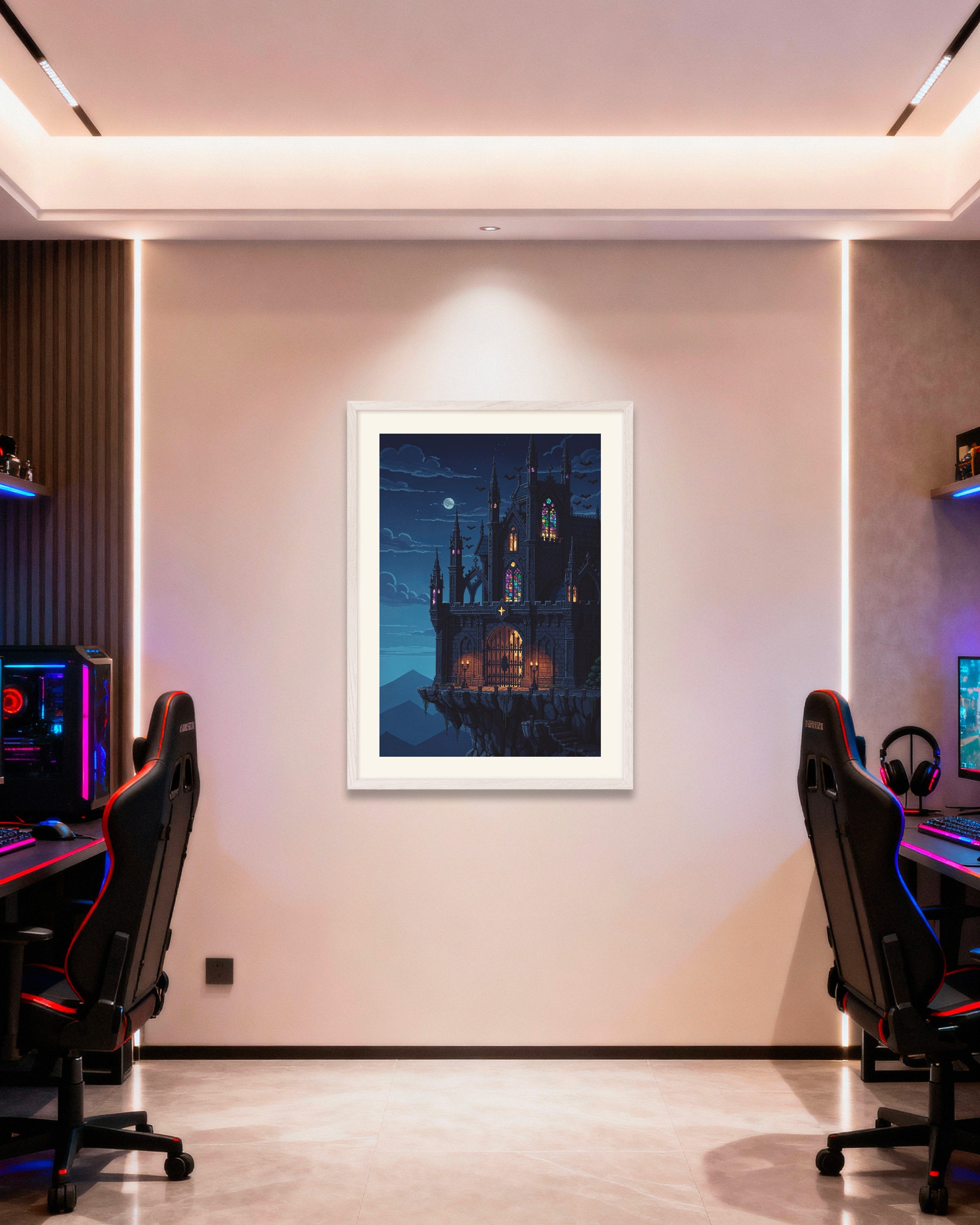 Poster of Moonlit Pixel Art Castle Poster, with white wooden frame
