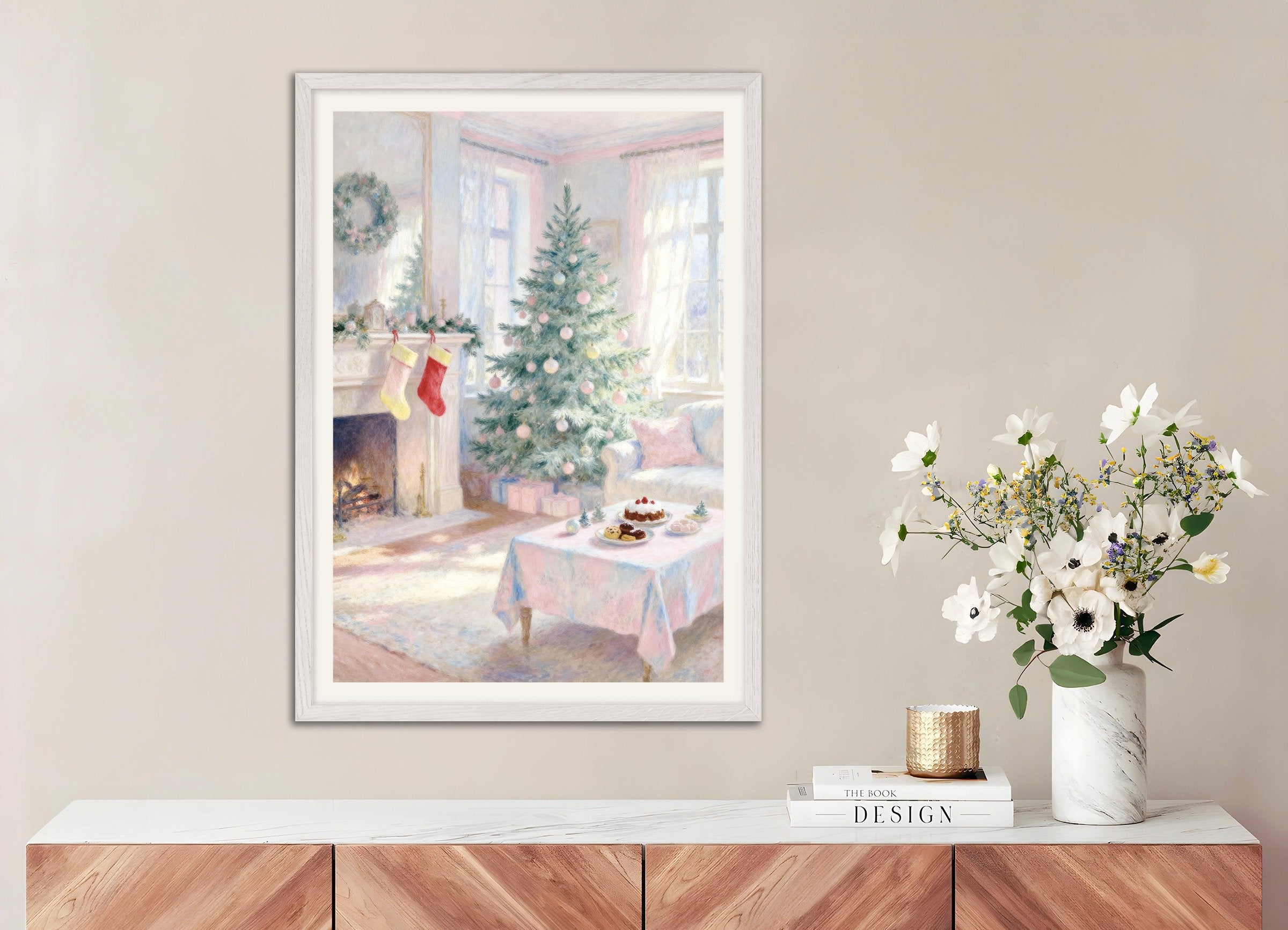Poster of Pastel Christmas living room poster, with white wooden frame