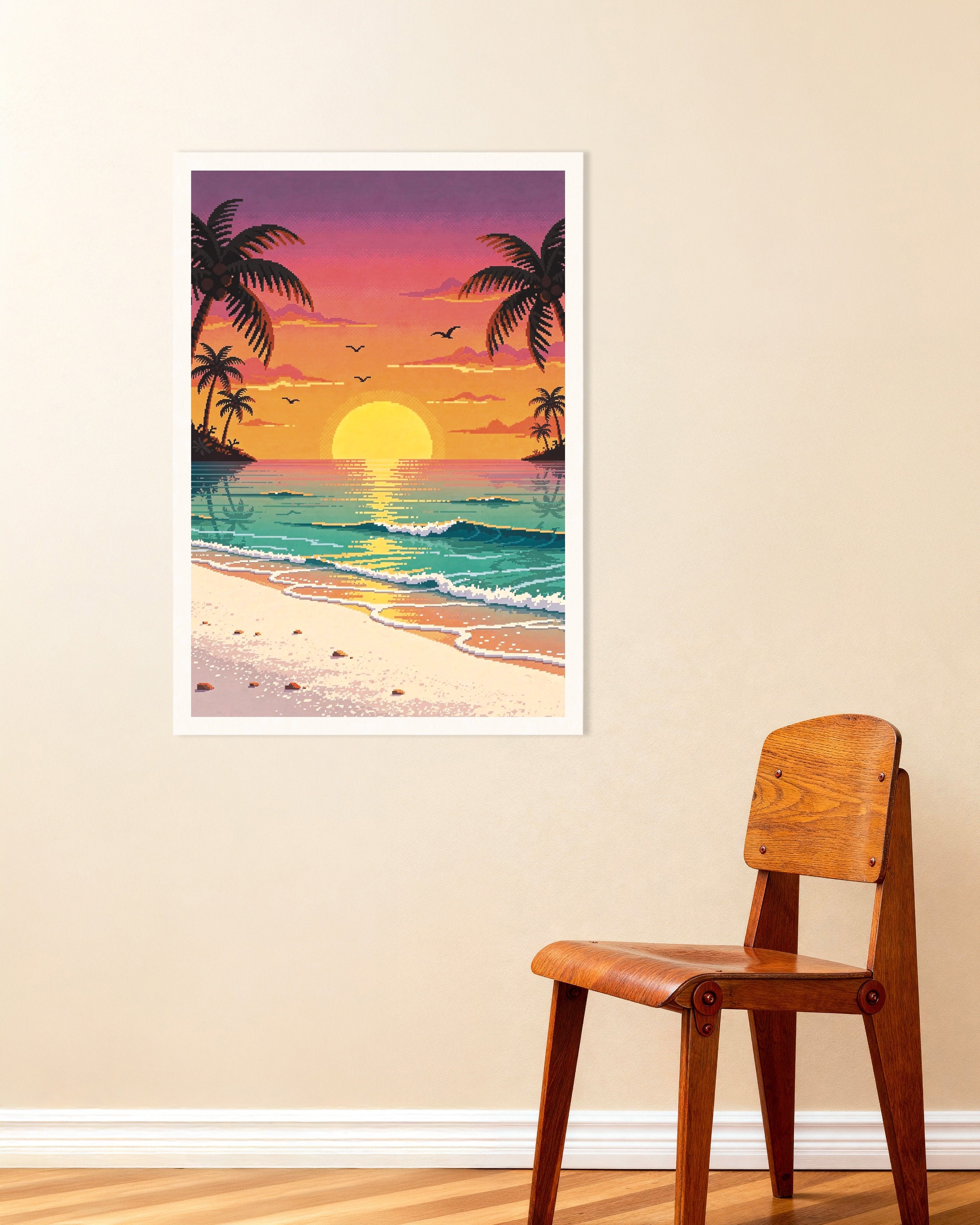 Poster of Pixel Art Beach Sunset with Palms