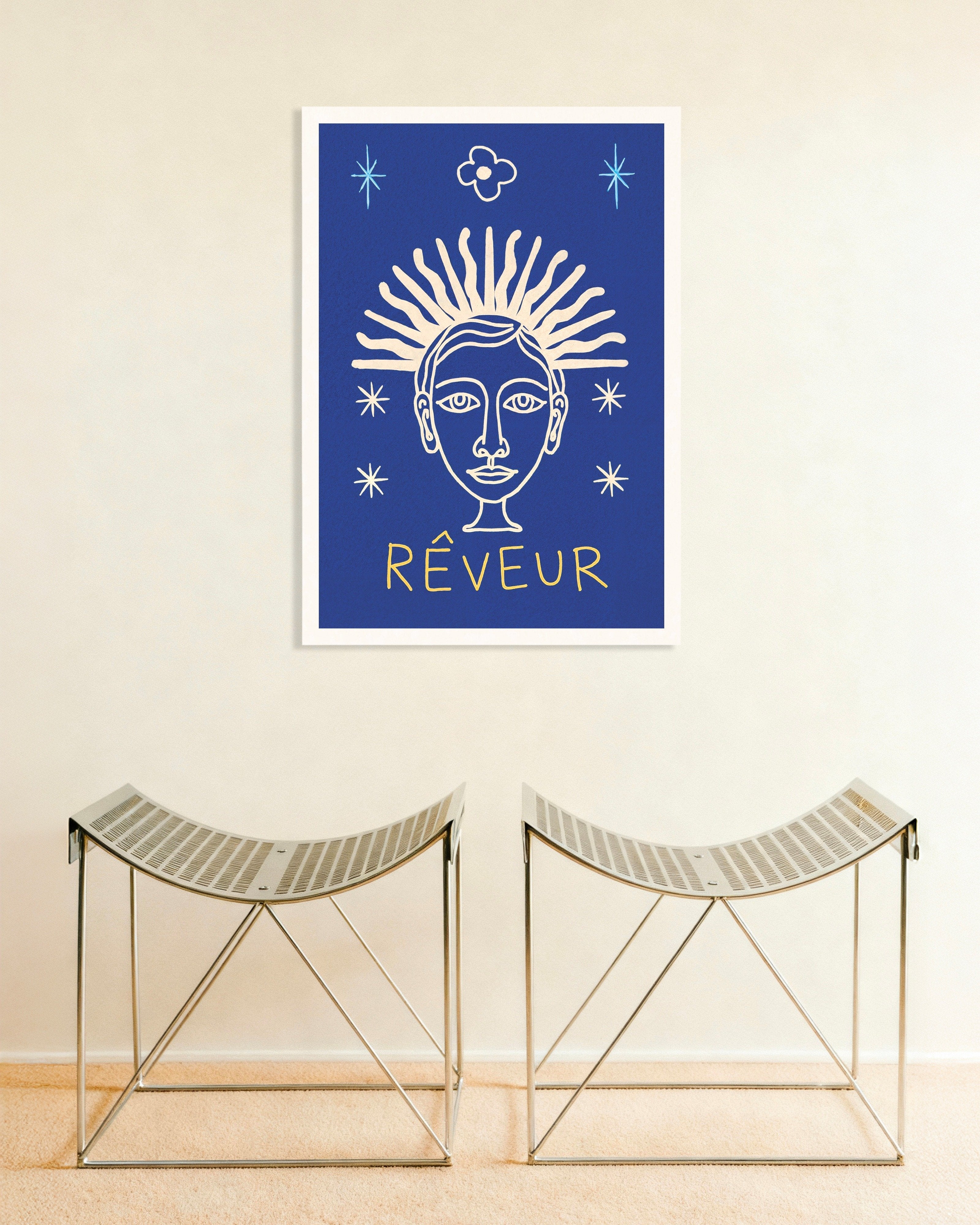 Poster of Rêveur - Sunburst Face on Deep Blue - Poster