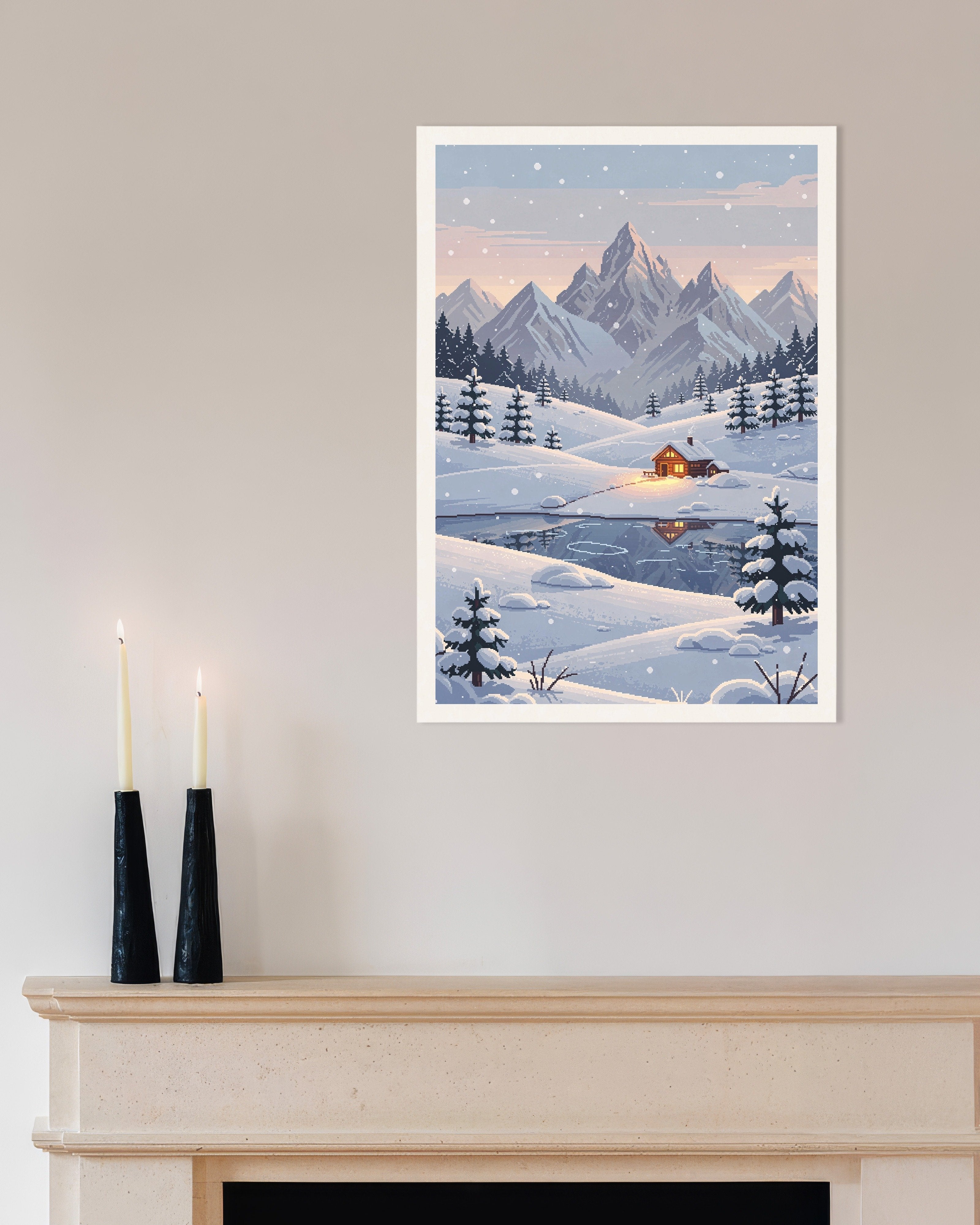 Poster of Snowy Mountain Cabin - Pixel Art Poster