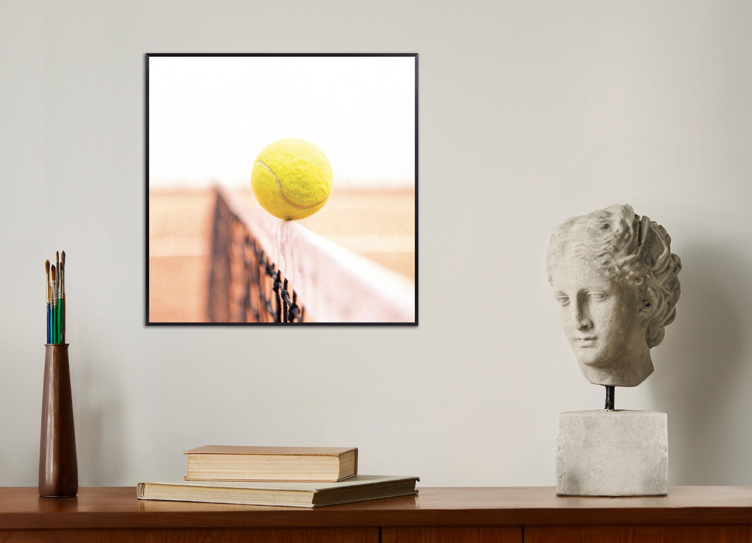 Poster of Tennis ball on net poster – minimal sports photography print, with metal frame