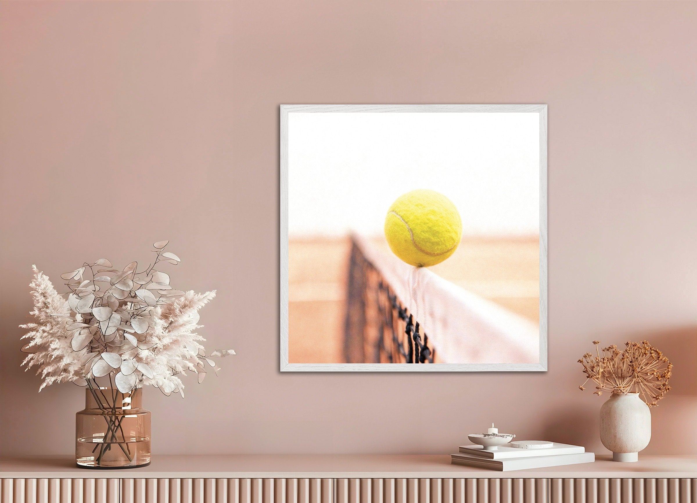 Poster of Tennis ball on net poster – minimal sports photography print, with white wooden frame