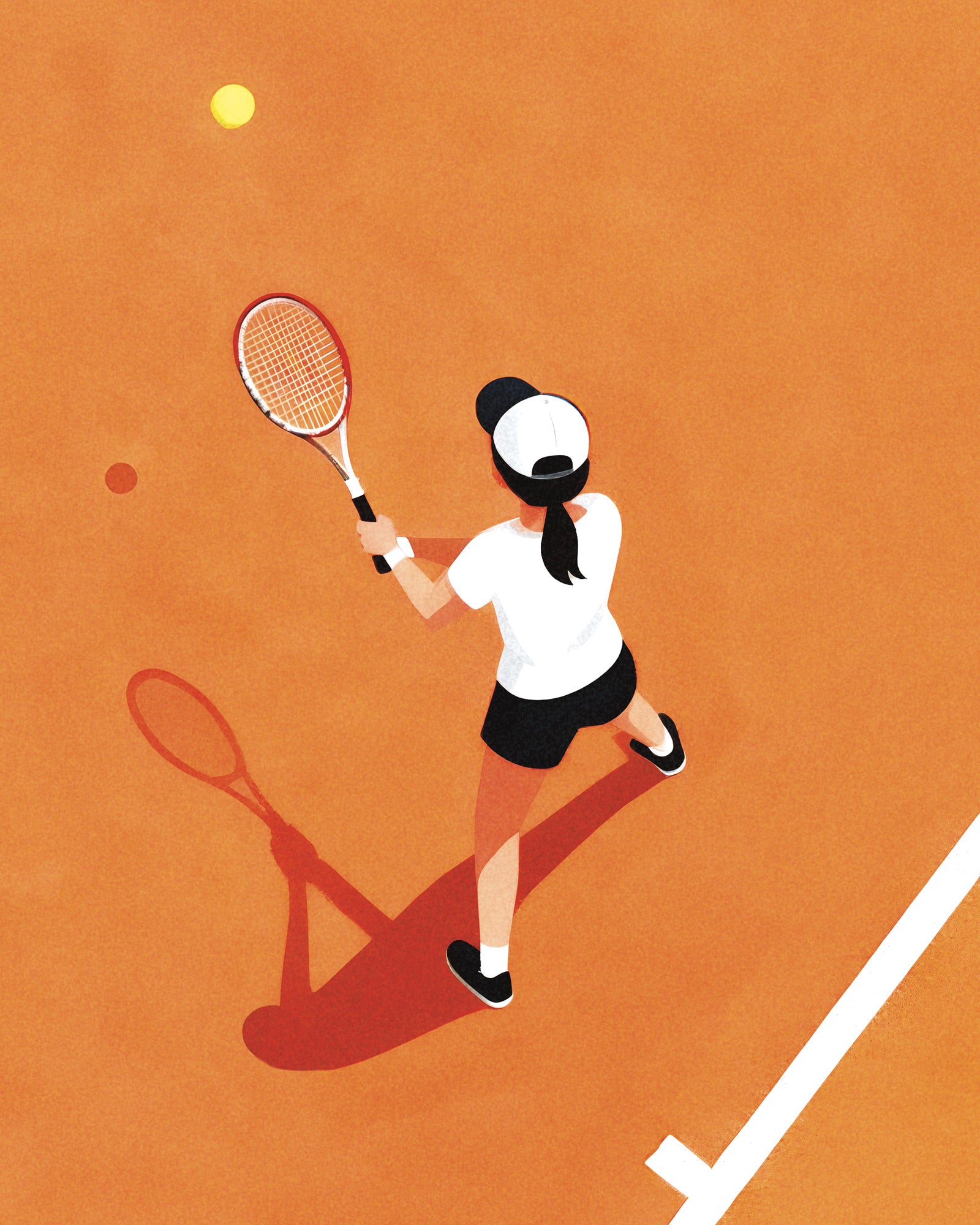 Illustration of a tennis player on a clay court (Roland Garros) with a racket and ball.