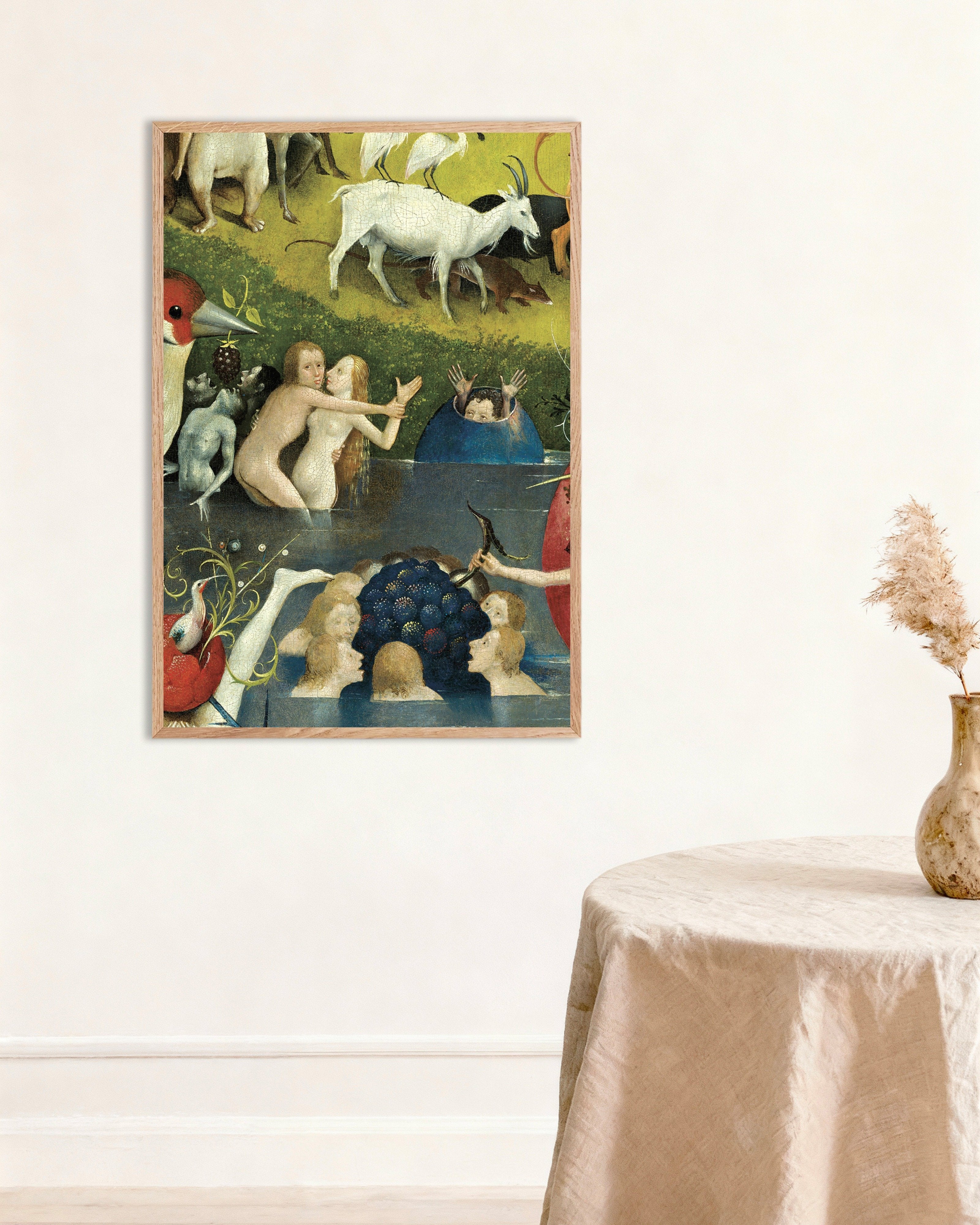 Poster of The giant fruit and bathers - Detail from The Garden of Earthly Delights, with natural wooden frame