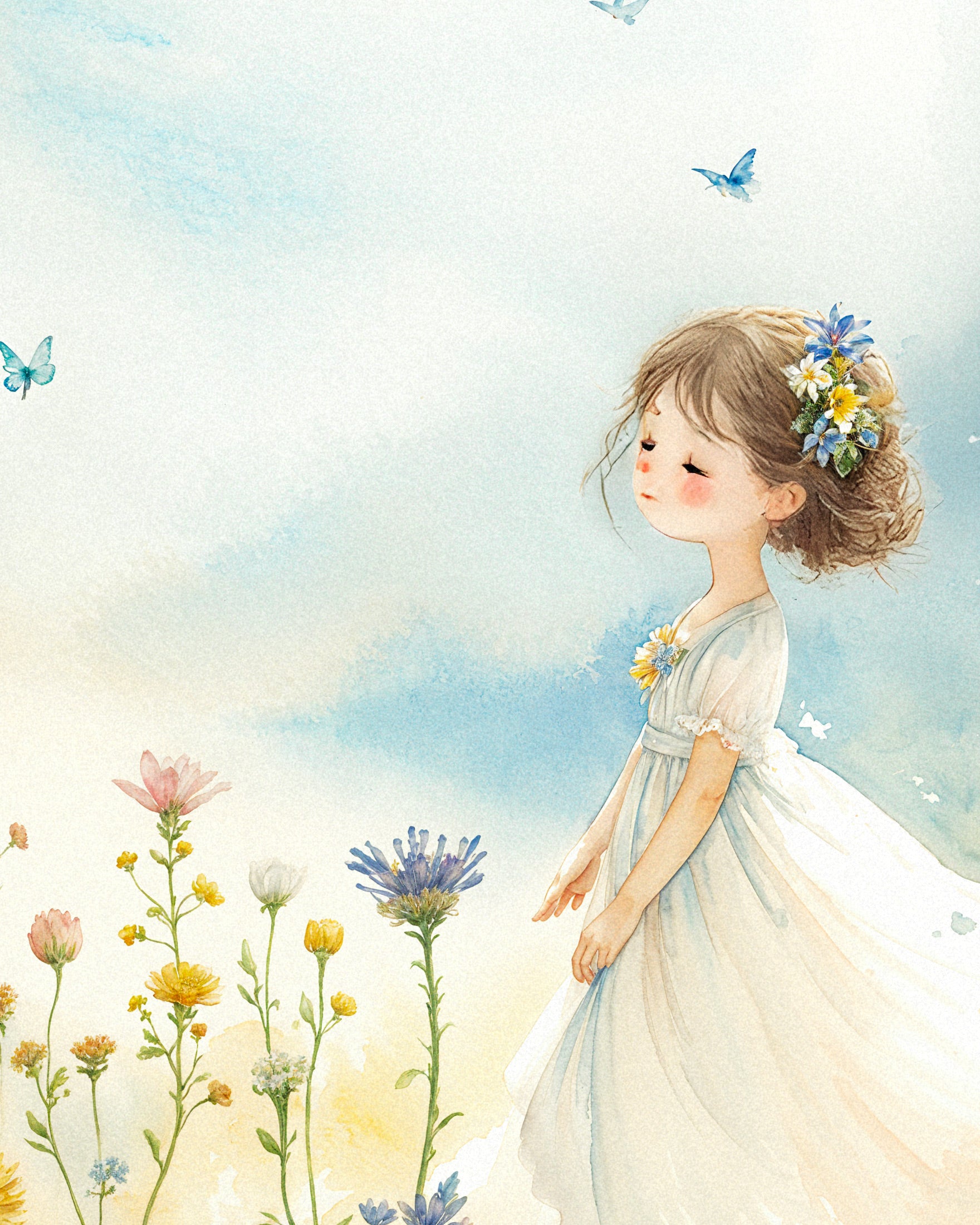 Pintura em aquarela, jovem garota e flores - pôster