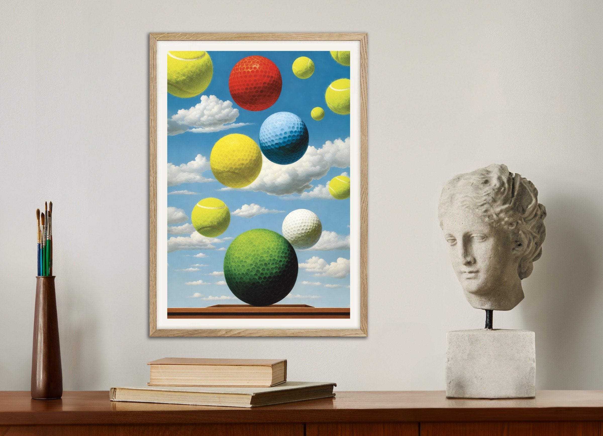 Poster of We love tennis and golf, poster – Surreal sports art print, with natural wooden frame