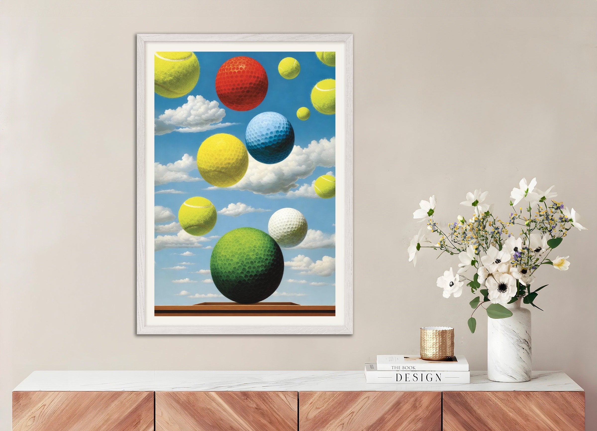 Poster of We love tennis and golf, poster – Surreal sports art print, with white wooden frame